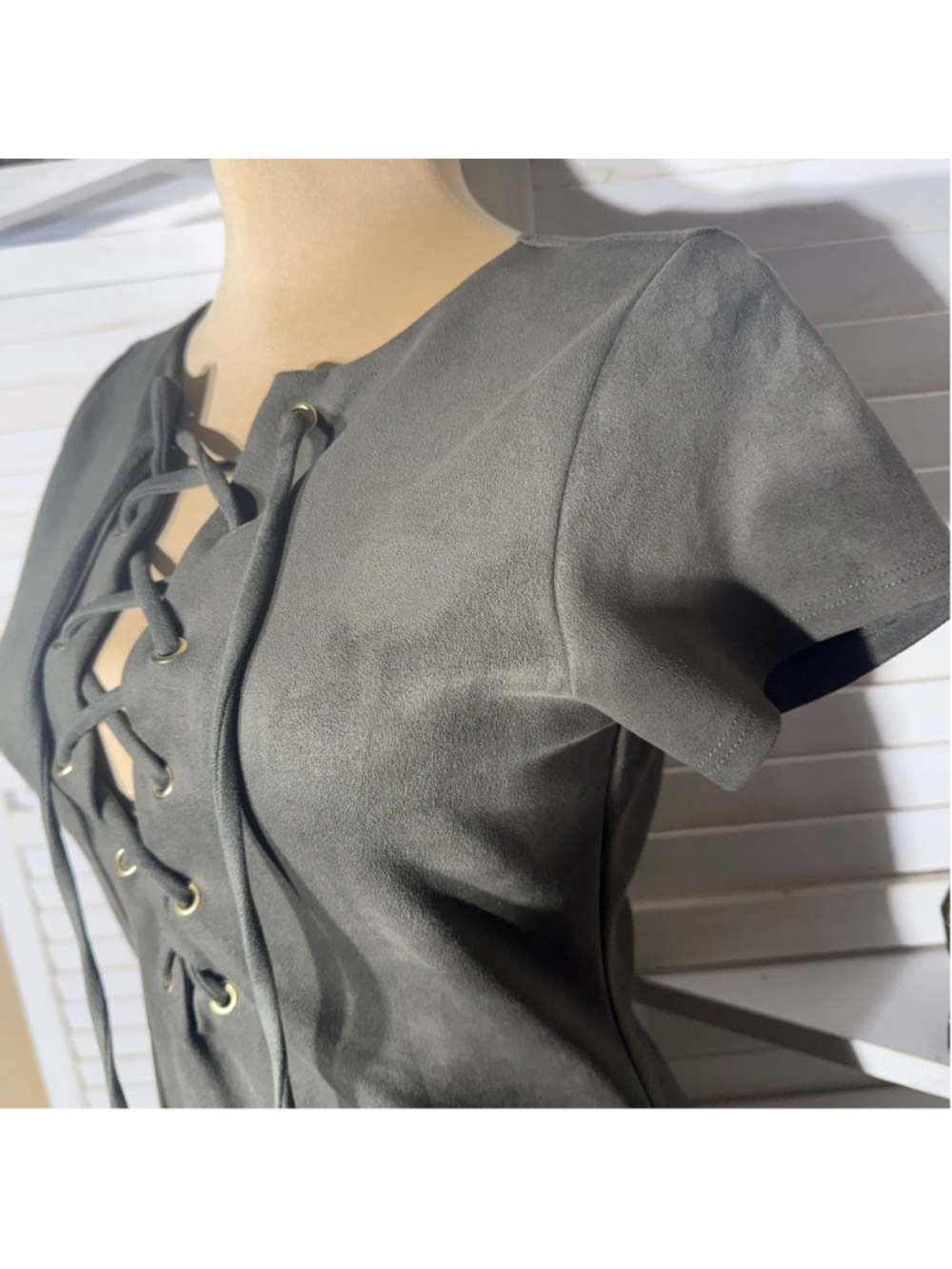Vintage 90s Y2k dress faux suede green cage neck pixie fairy tinkerbell Ren Fair - Picture 7 of 10